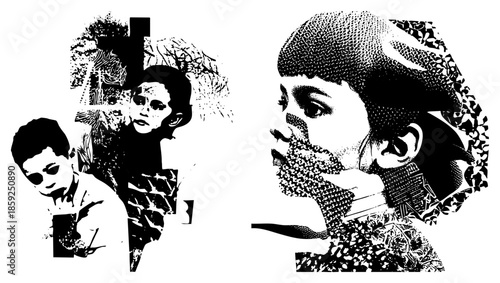 three stylized human portraits in black and white halftone collage