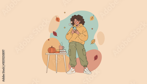 Young person scrolls social media on phone in a cozy autumn scene with pumpkin books and fall leaves Digital lifestyle