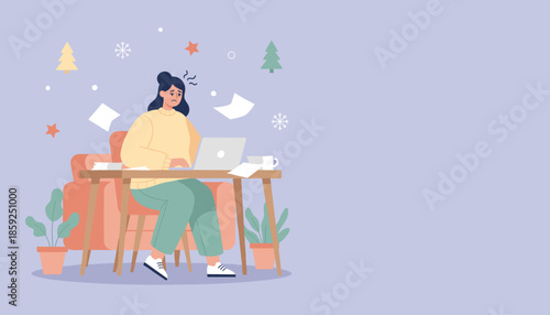 Working woman stressed by winter deadlines and holiday burnout while remote working illustration