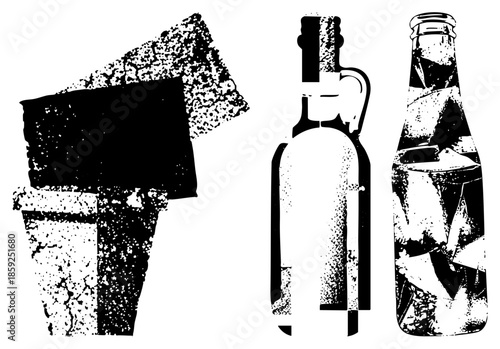 Three stylized bottles and container in high contrast vector art