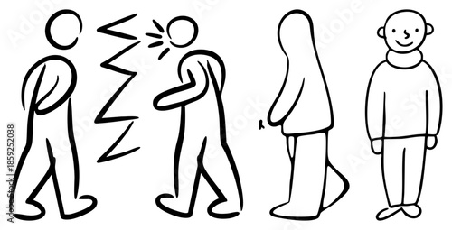 four stick figures showing different emotions and actions