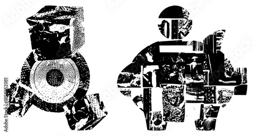 Abstract human figures composed of fragmented collage