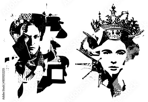 Two stylized female portraits with crown and abstract shapes