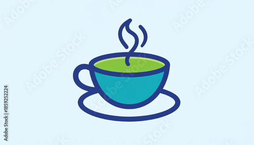 Illustration of a steaming cup of green tea on a saucer.