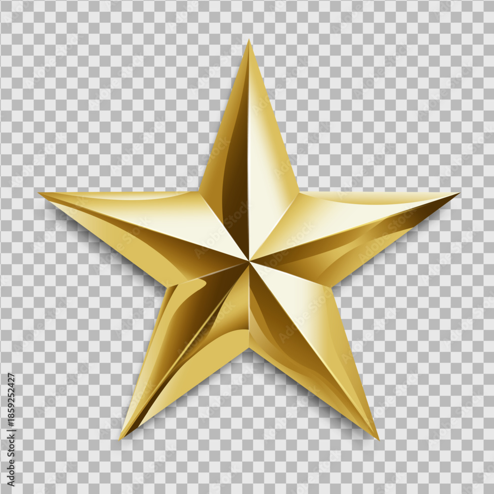 Obraz premium Shiny Gold 3D Star Icon Isolated on Transparent Background, Glossy Metallic Golden Star for Rating, Award, Achievement, and Success, Realistic Vector Illustration for Quality Ranking and Win