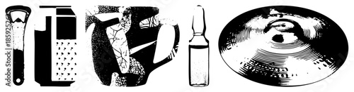Kitchen tools and medical ampoule with cymbal in black and white vector illustration