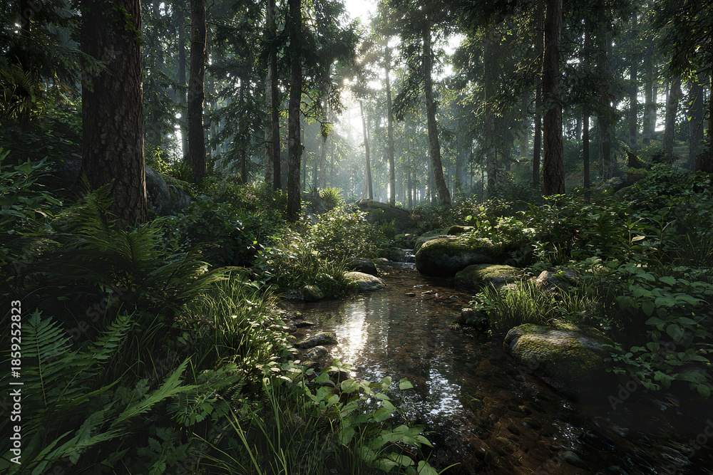 Fototapeta premium Lush forest ecosystem with vibrant green plants and moss covered rocks surrounding clear stream, sunlight filtering through tall trees creating peaceful natural scene