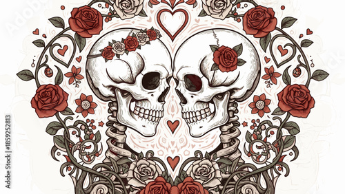 Happy Valentines Day, Assortment of love themed tattoo art designs with rose, skull, wings and heart symbols
