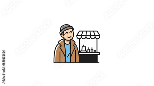 A cartoon illustration depicts a person smiling and standing by a small market stall. The stall has a striped awning