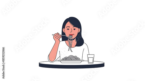 A cartoon illustration depicts a person enjoying pasta. They are sitting at a round table, holding a fork filled with noodles. A glass of water is present
