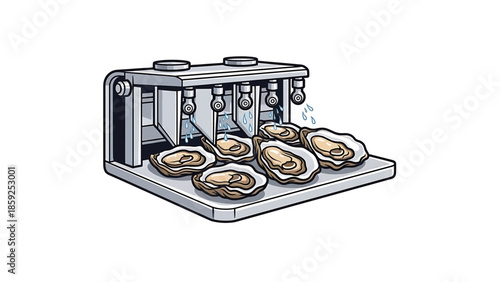 A cartoon illustration depicts a machine processing opened oysters Water droplets fall from nozzles onto the bivalves ar.