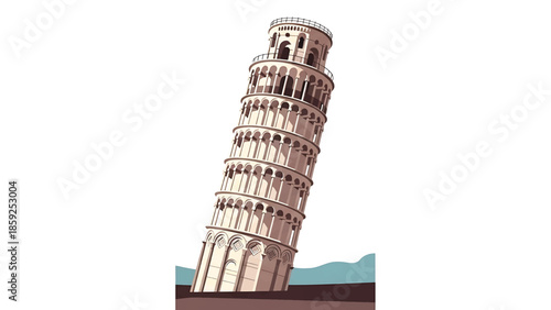 A cartoon illustration depicts a leaning tower with its distinctive arched windows and tiers, set against a white backdrop
