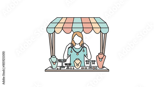 A cartoon illustration depicts a jewelry vendor at their stall, holding a necklace. Displayed are various pieces