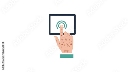 A cartoon illustration depicts a hand touching a tablet screen. The finger is pressing on a target icon. The hand has skin spots