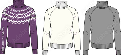 Technical fashion sketch of a women's turtleneck sweater featuring long raglan sleeves and fair isle pattern for apparel manufacturing and design