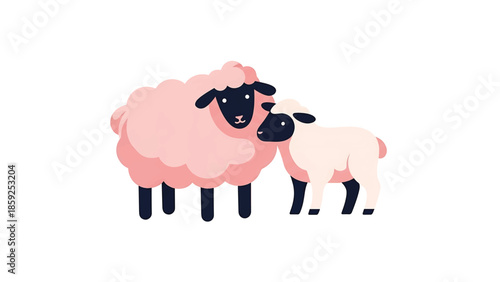 A cartoon illustration shows an adult animal and a young animal. Both have dark faces and legs. The adult is larger with a textured, fluffy coat