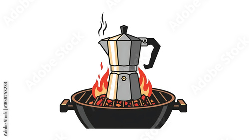 A cartoon illustration shows a silver stovetop coffee pot with steam above vibrant flames on a black outdoor grill, on white