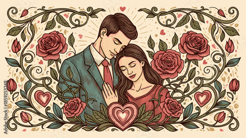 vintage background with roses, A coule dating on valentines day