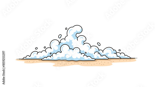 A cartoon illustration shows fluffy, cloud-like forms floating above a sandy surface, against a plain white background. The clouds have black outlines