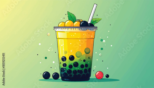 Colorful Bubble Tea Illustration with Tapioca Pearls and Straw.