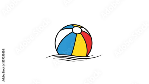 A cartoon image depicting a colorful beach ball floating on stylized waves. The ball has segments of blue, white, yellow, and red. The waves are black