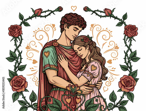 Romantic valentine couple illustration, vintage handrawn and engraving colorful style
