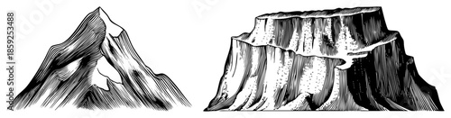 mountain and cliff rock formations engraved art