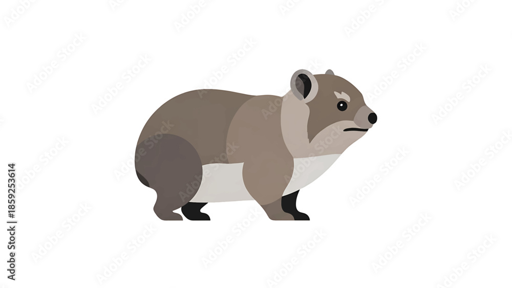 Fototapeta premium A cartoonish depiction of a small, stout mammal in shades of brown and gray, with black paws and a slightly grumpy expression. The background is white