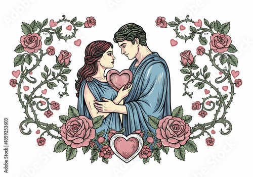 Romantic valentine couple illustration, vintage handrawn and engraving colorful style
