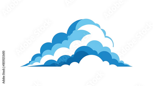 A cartoon image depicting stylized cumulus clouds in various shades of blue against a clean white background. It's a simplistic design