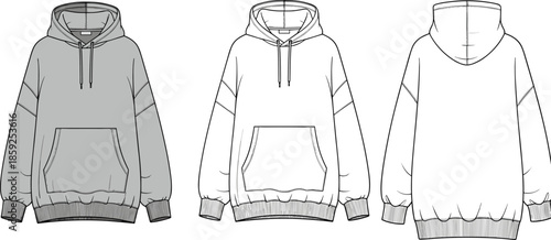 Technical fashion sketch of women's oversized long sleeve hoodie featuring a kangaroo pocket and ribbed trim for apparel manufacturing and design
