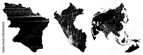 Three Asian continent silhouettes textured black vector