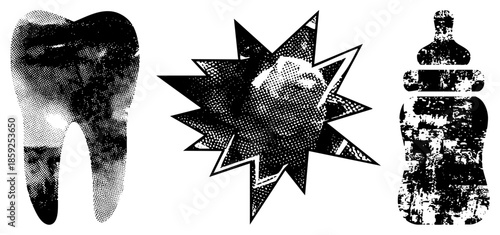 tooth explosion bottle halftone vector set
