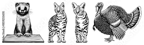 ferret leopard cat turkey vector illustration set