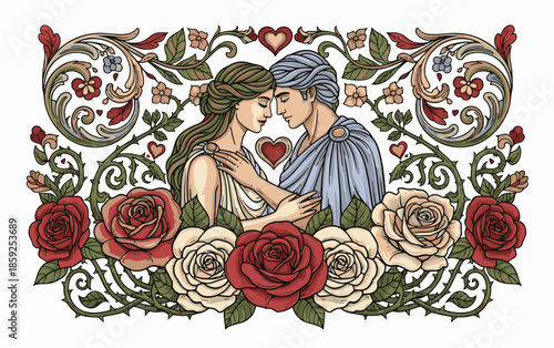 Romantic valentine couple illustration, vintage handrawn and engraving colorful style
