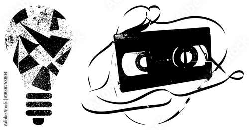 lightbulb and vhs cassette tape vector illustration