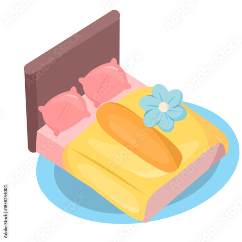 Illustration of a cute bed for girls with colorful pillows and blankets 