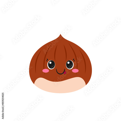 Roasted sweet chestnut, cute and fun cartoon character, smiling face, big eyes, kawaii style, icon vector illustration.