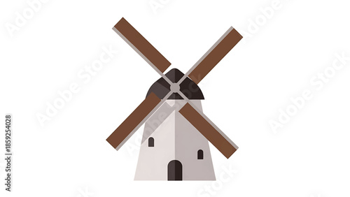 A cartoon-style illustration of a white windmill with four brown blades rotating against a pristine white background. The mill has a dark gray top, and small dark openings