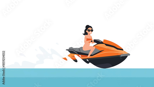 A cartoon-style illustration of a woman riding a jet ski on the water with splashes. She's wearing sunglasses and a bikini