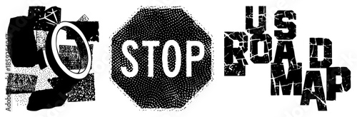 stop sign road map graphic with magnifying glass and cracked text