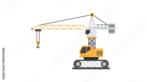 A cartoon-style illustration of a yellow construction crane on a white background. The crane features a jib, cabin, and a base with treads