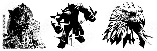 three stylized animal heads in black and white vector art