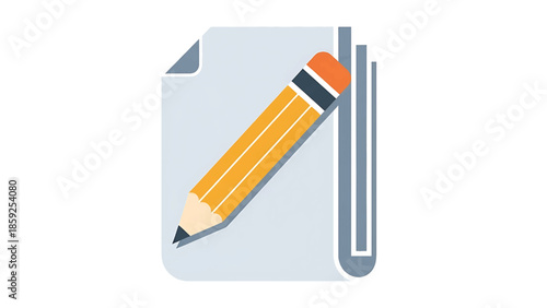 A cartoon-style illustration of a yellow pencil resting on top of several sheets of grey paper, appearing to be writing. It's a graphic design