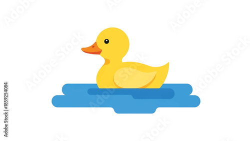 A cartoon-style illustration of a yellow rubber duck floating in blue water. The duck has an orange beak and a black eye