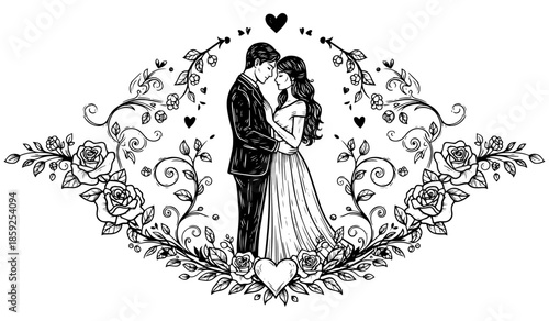 Romantic valentine couple illustration, vintage handrawn and engraving colorful style
