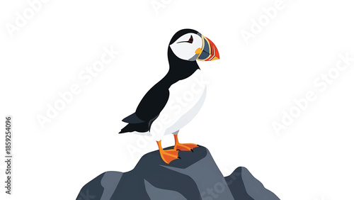 A cartoon-style illustration of an adorable puffin with a colorful beak, perched on a rocky outcrop against a white background. This design is clean and simple