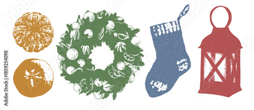 Winter elements set: tangerines, Christmas wreath, knitted sock, flashlight. Trinket design