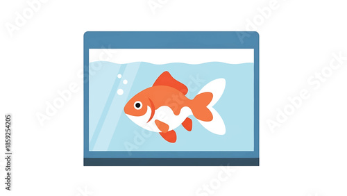 A cartoon-style illustration of an orange and white goldfish swimming in a rectangular aquarium filled with blue water. Bubbles
