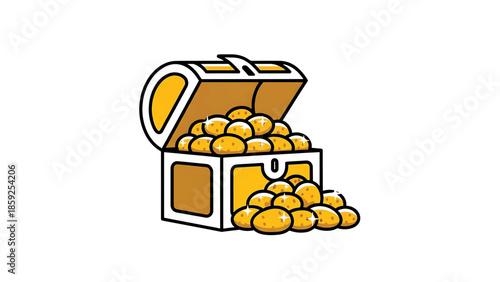 A cartoon-style illustration of an open wooden chest overflowing with golden spheres, sparkling with highlights, against a white backdrop